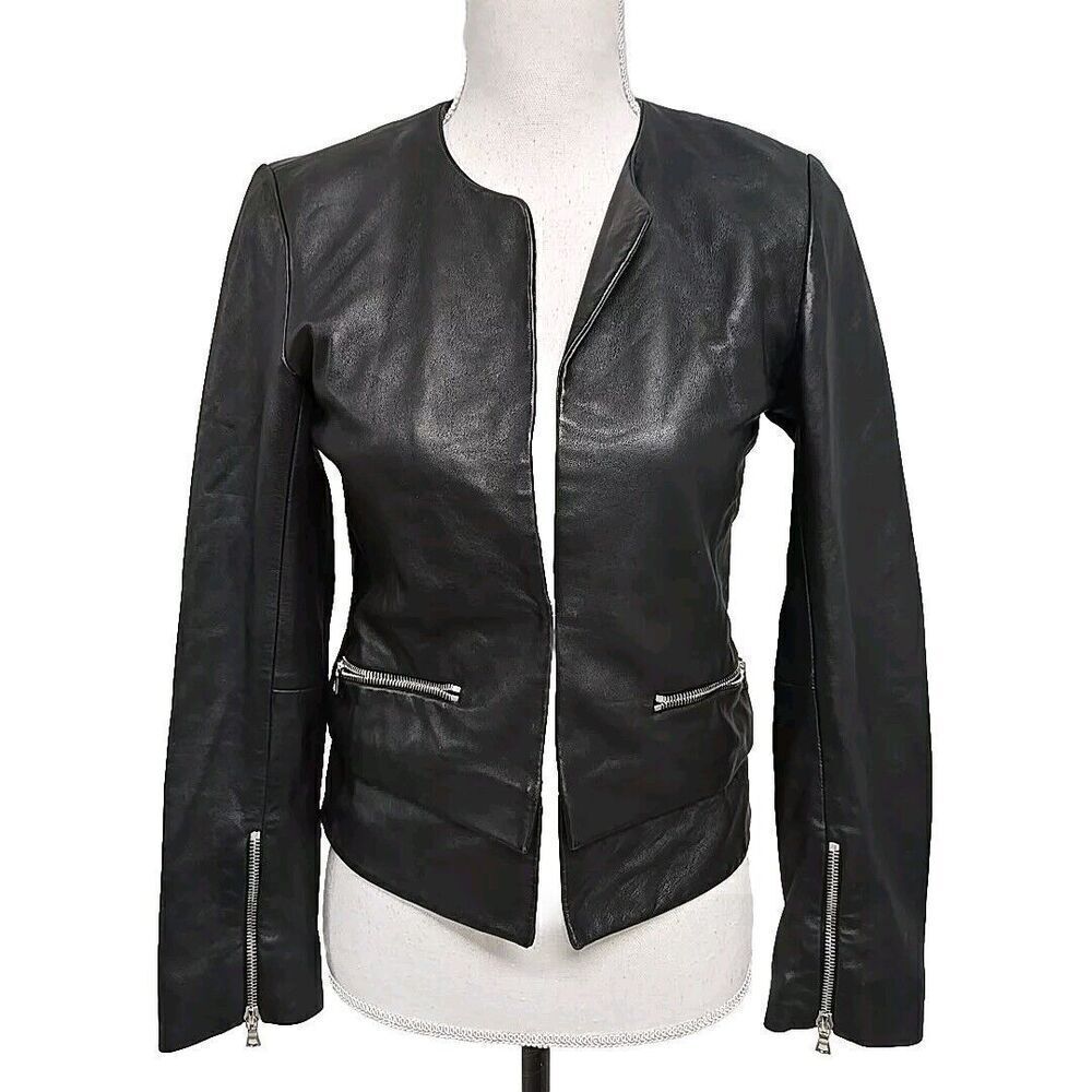 SANDRO PARIS Moto Jacket Lamb Leather‎ Black Women’s Size 1 /US Size 4 SMALL - Picture 2 of 12